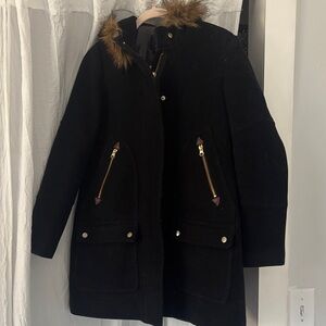 J. Crew Black Wool Coat with Brown Faux-Fur Trim and gold detail